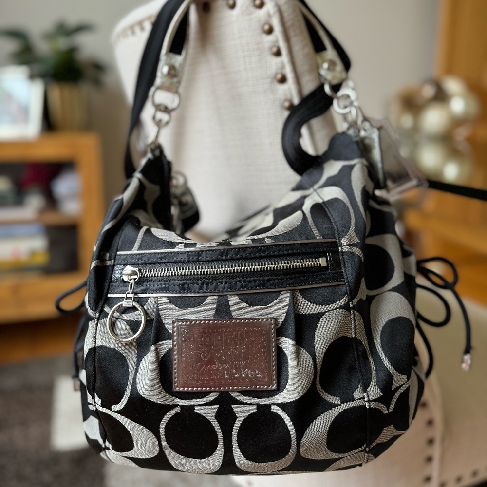 COACH Poppy Crossbody/Handbag Black and Silver Canvas
